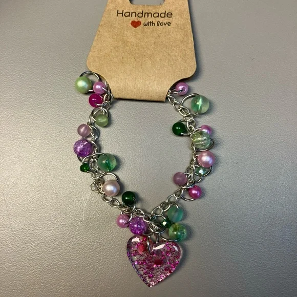 Colorful Beaded Bracelet with Heart Pendant - Picture 2 of 3